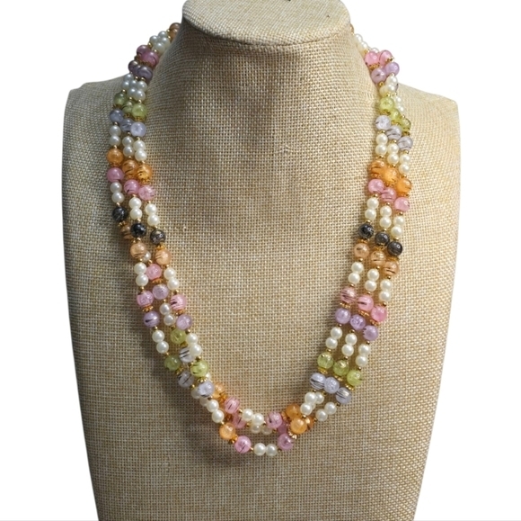 Treska Jewelry - Treska Vintage Style Triple Strand Multicolor Faux Pearl Pastel Bead Necklace